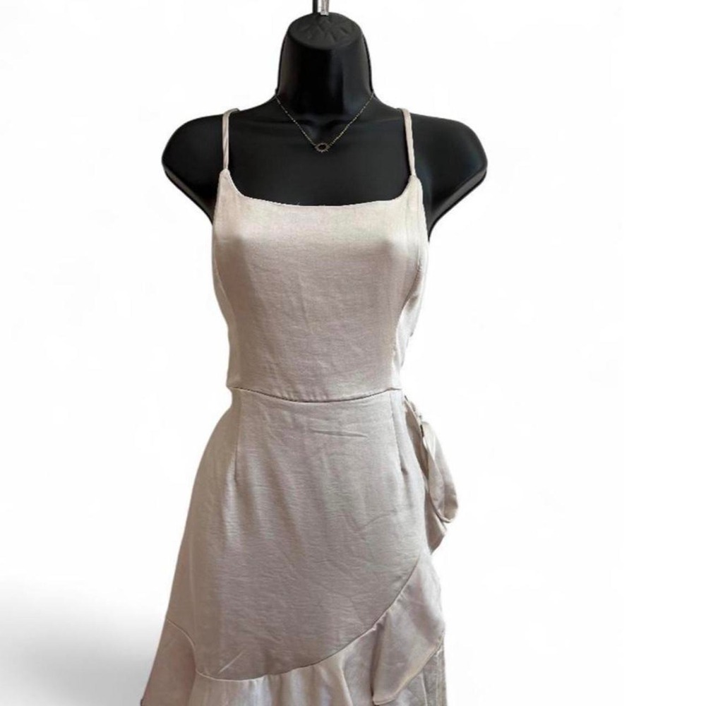 Wild Fable Coquette Champagne Satin Ruffle Faux Wrap Mini Dress